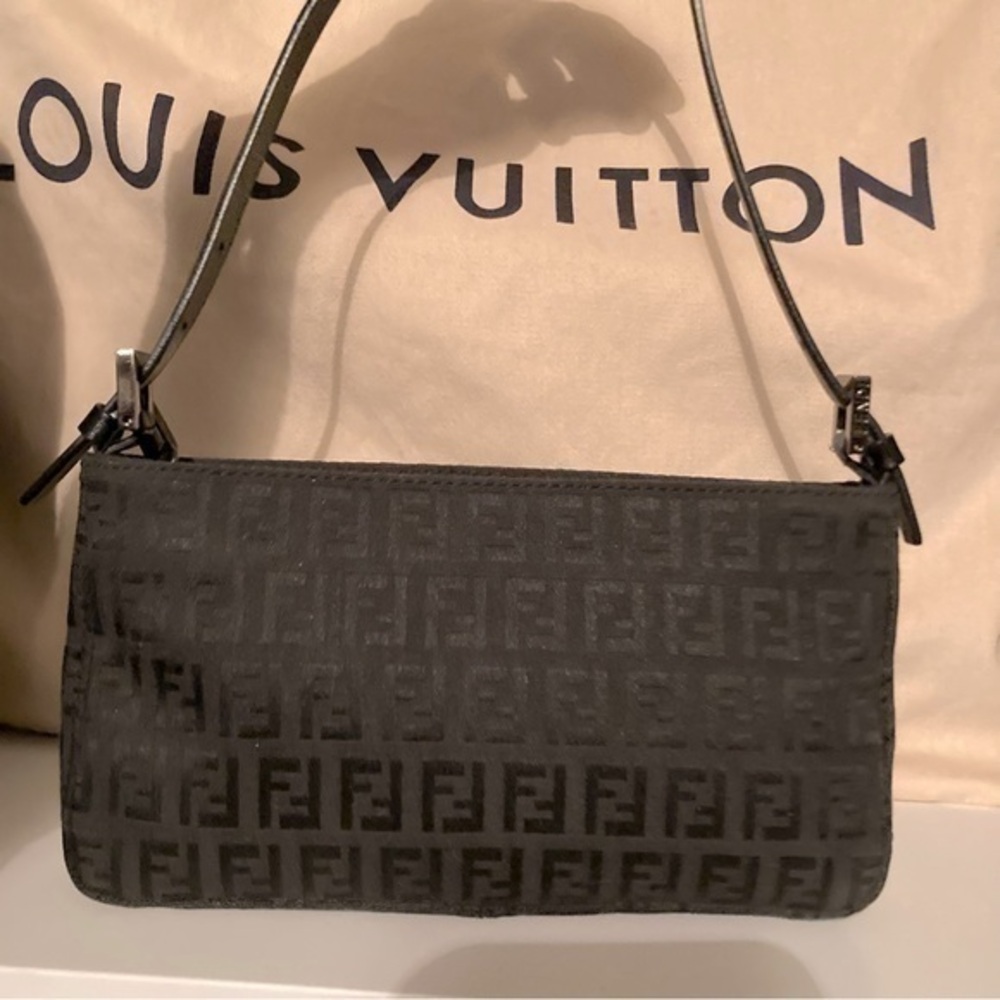 Fendi black zucca small baguette mini shoulder bag